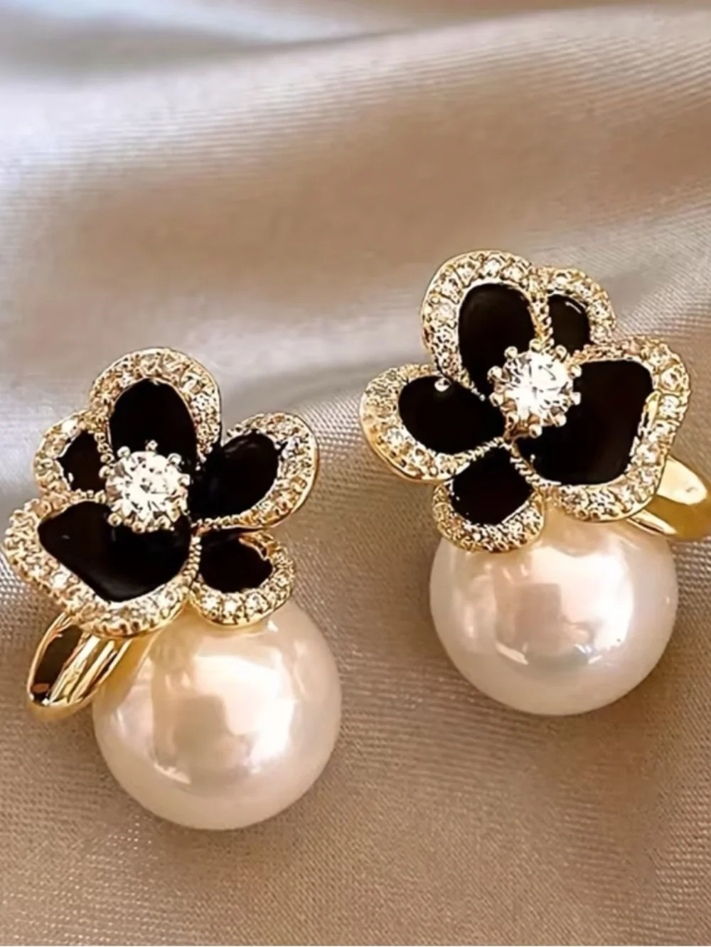 Gold Floral Pearl Drop Earrings with Navy and White Accents